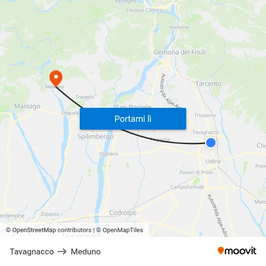 Tavagnacco to Meduno map