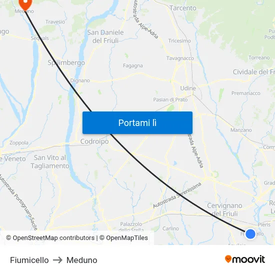 Fiumicello to Meduno map