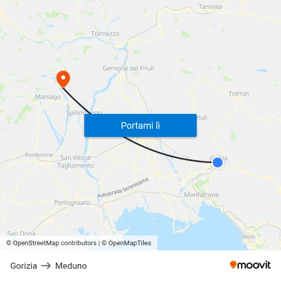 Gorizia to Meduno map