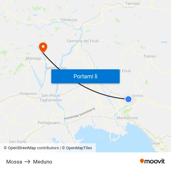 Mossa to Meduno map
