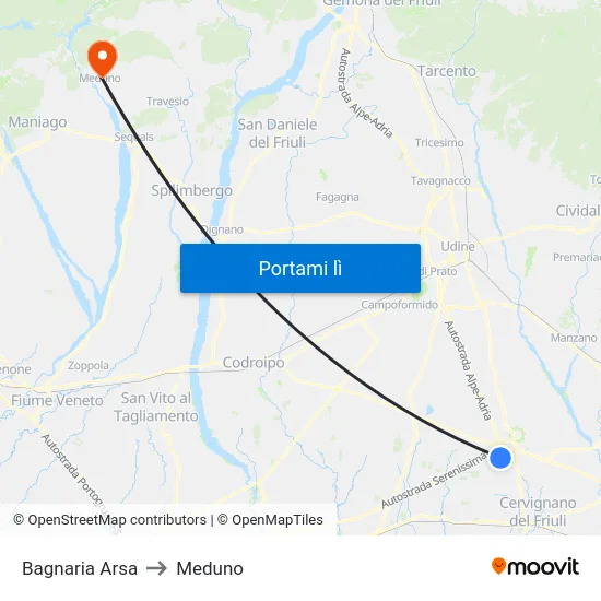 Bagnaria Arsa to Meduno map