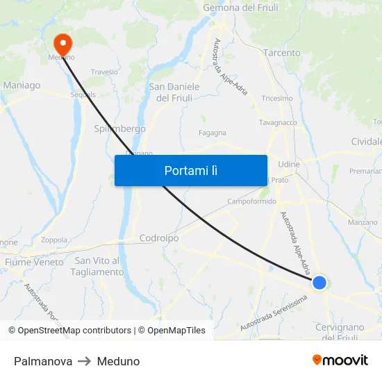 Palmanova to Meduno map