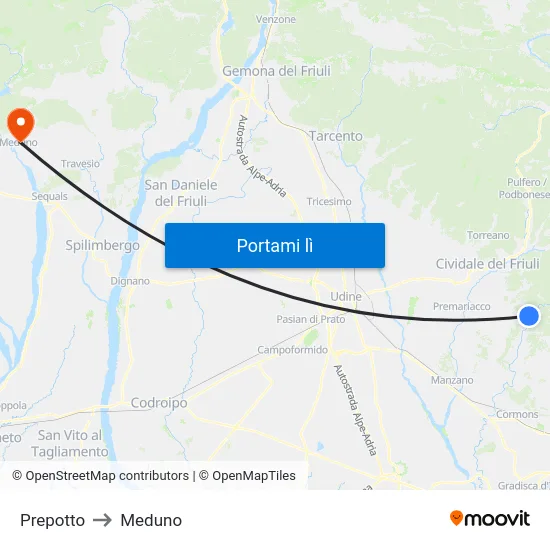 Prepotto to Meduno map