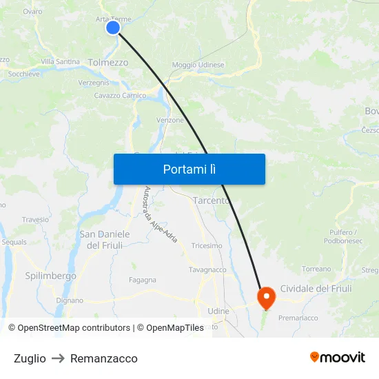 Zuglio to Remanzacco map