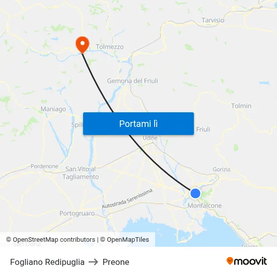 Fogliano Redipuglia to Preone map