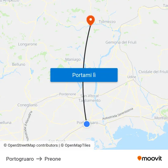 Portogruaro to Preone map