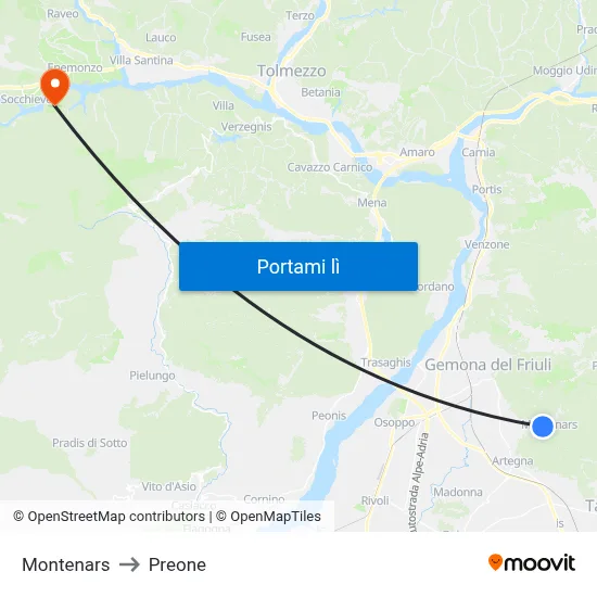 Montenars to Preone map