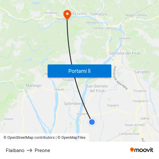 Flaibano to Preone map