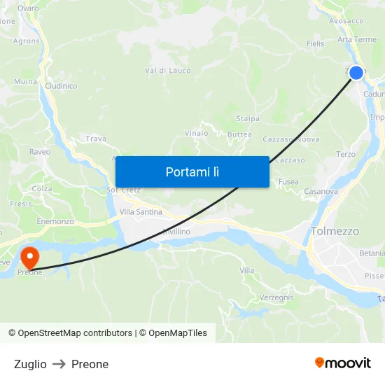 Zuglio to Preone map