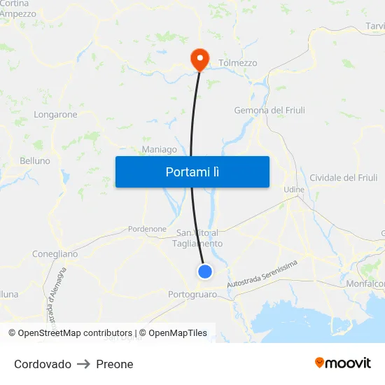 Cordovado to Preone map