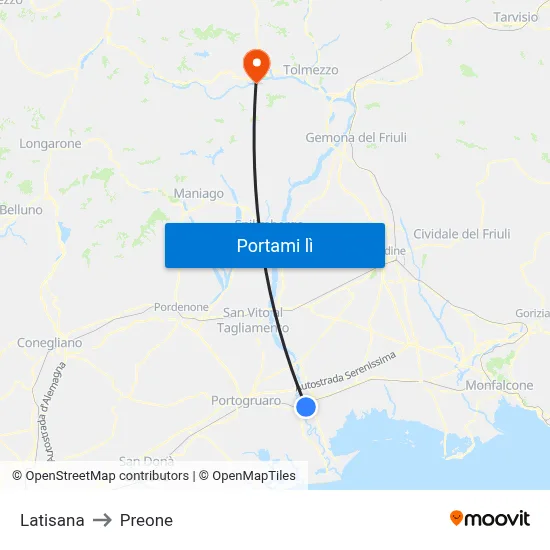 Latisana to Preone map