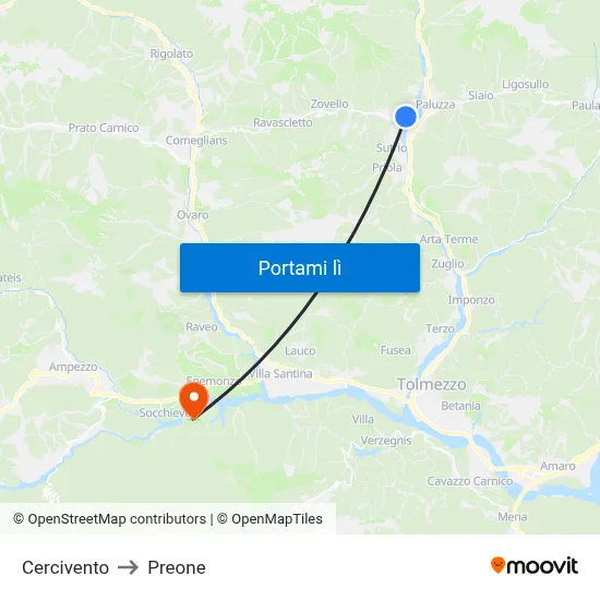 Cercivento to Preone map