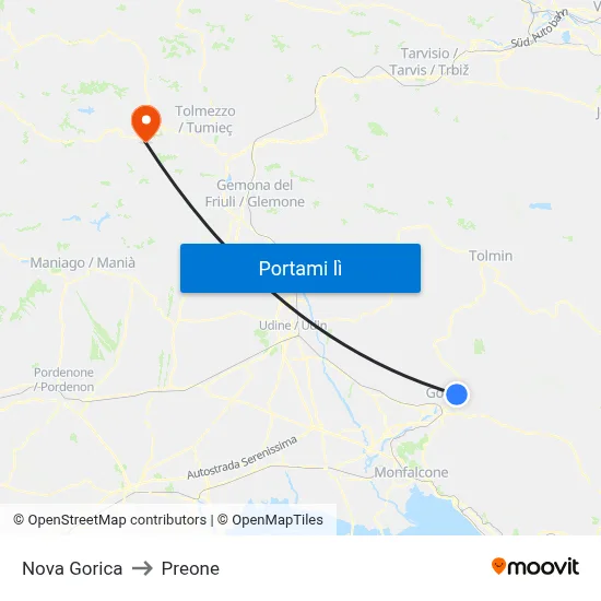 Nova Gorica to Preone map