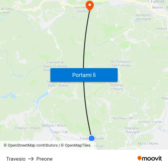 Travesio to Preone map