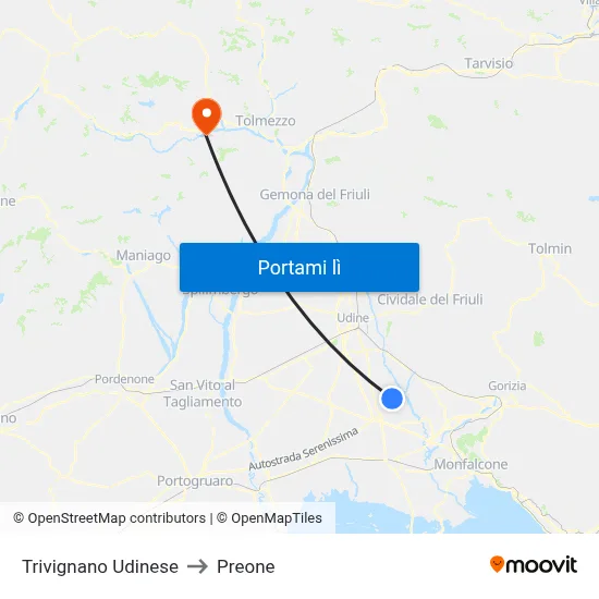 Trivignano Udinese to Preone map