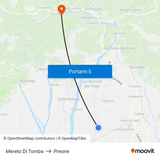 Mereto Di Tomba to Preone map