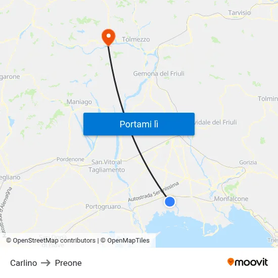 Carlino to Preone map