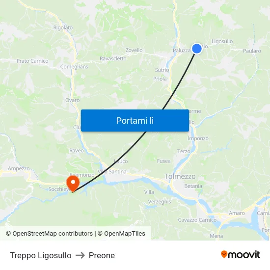 Treppo Ligosullo to Preone map