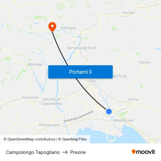 Campolongo Tapogliano to Preone map