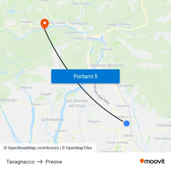 Tavagnacco to Preone map