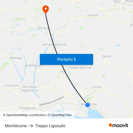 Monfalcone to Treppo Ligosullo map