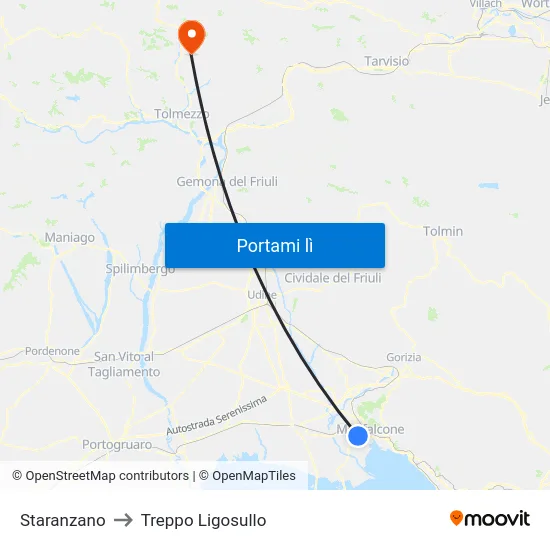 Staranzano to Treppo Ligosullo map