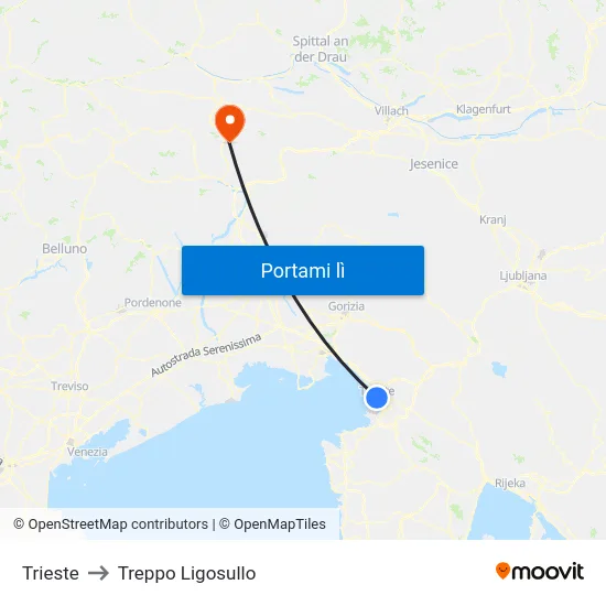 Trieste to Treppo Ligosullo map