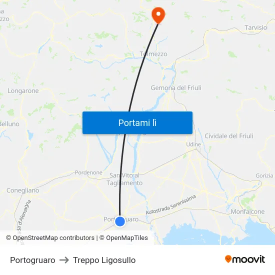 Portogruaro to Treppo Ligosullo map