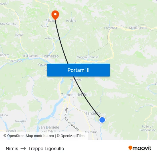 Nimis to Treppo Ligosullo map