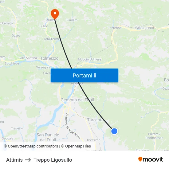 Attimis to Treppo Ligosullo map