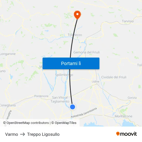 Varmo to Treppo Ligosullo map