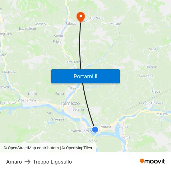 Amaro to Treppo Ligosullo map