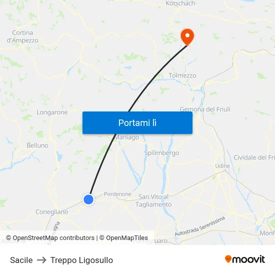 Sacile to Treppo Ligosullo map