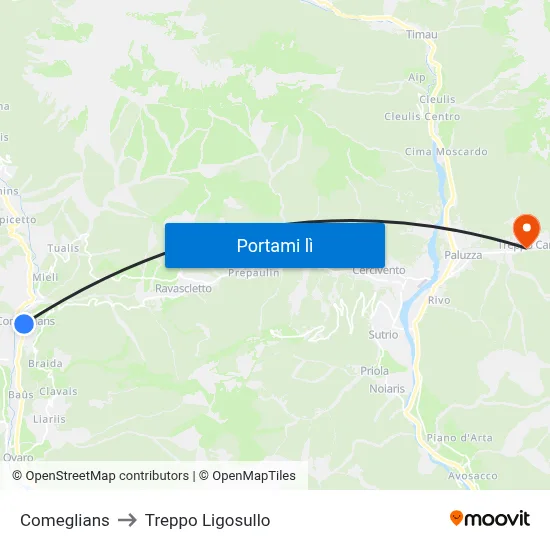 Comeglians to Treppo Ligosullo map