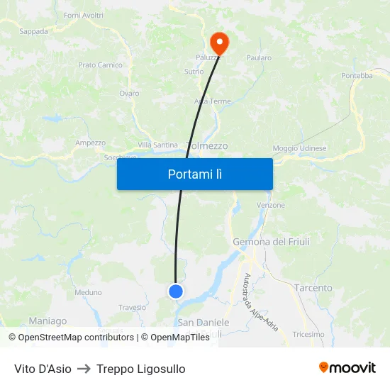 Vito D'Asio to Treppo Ligosullo map