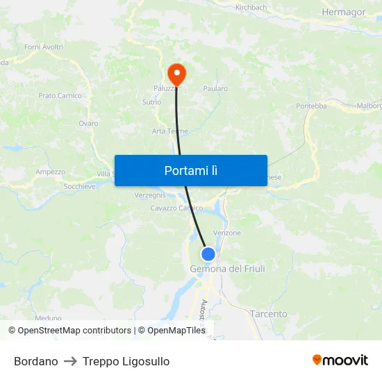 Bordano to Treppo Ligosullo map