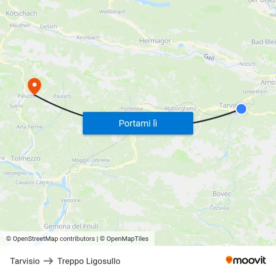 Tarvisio to Treppo Ligosullo map