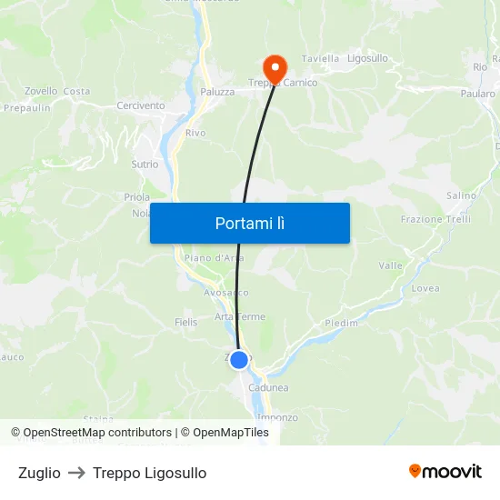 Zuglio to Treppo Ligosullo map
