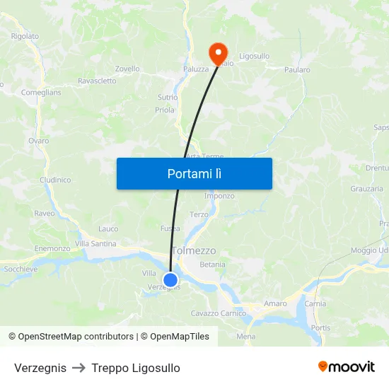 Verzegnis to Treppo Ligosullo map