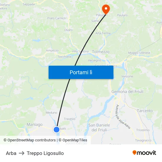 Arba to Treppo Ligosullo map
