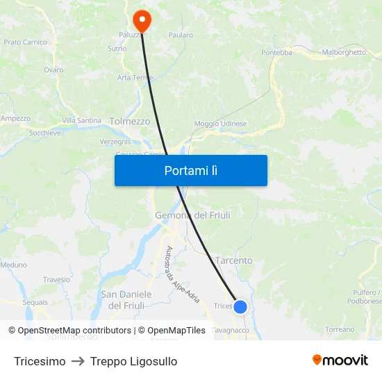 Tricesimo to Treppo Ligosullo map