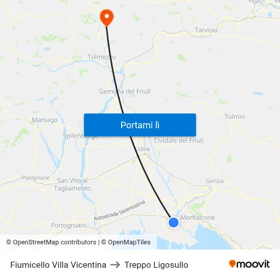 Fiumicello Villa Vicentina to Treppo Ligosullo map