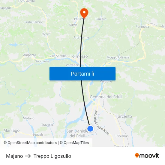 Majano to Treppo Ligosullo map