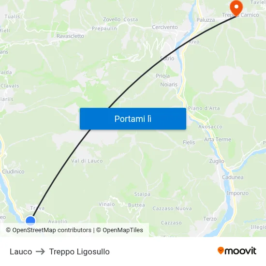 Lauco to Treppo Ligosullo map