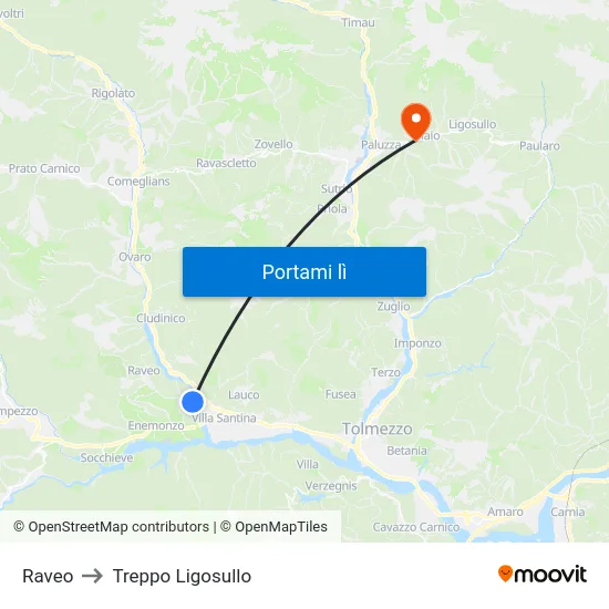 Raveo to Treppo Ligosullo map