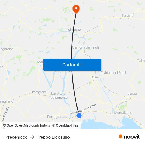 Precenicco to Treppo Ligosullo map