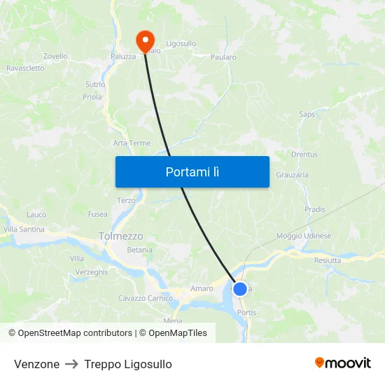 Venzone to Treppo Ligosullo map