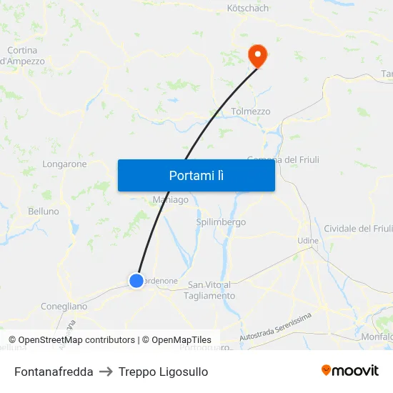 Fontanafredda to Treppo Ligosullo map