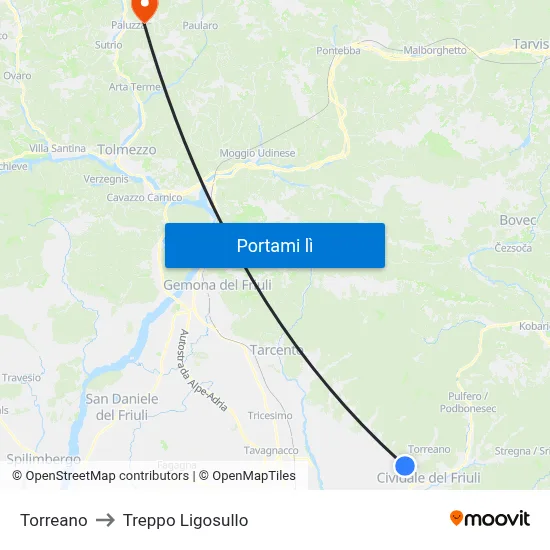 Torreano to Treppo Ligosullo map