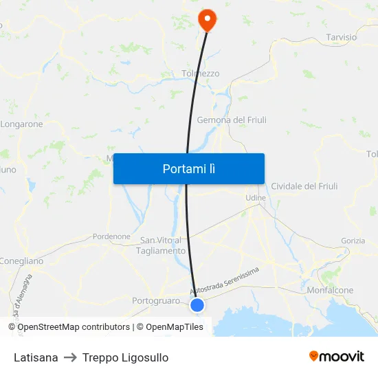 Latisana to Treppo Ligosullo map